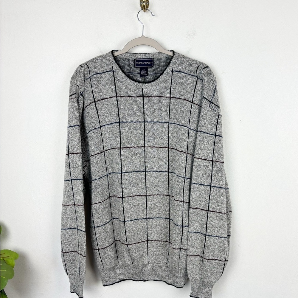 Vintage 90s Fairway Sport Windowpane Plaid Print Grandpa Sweater Sz L